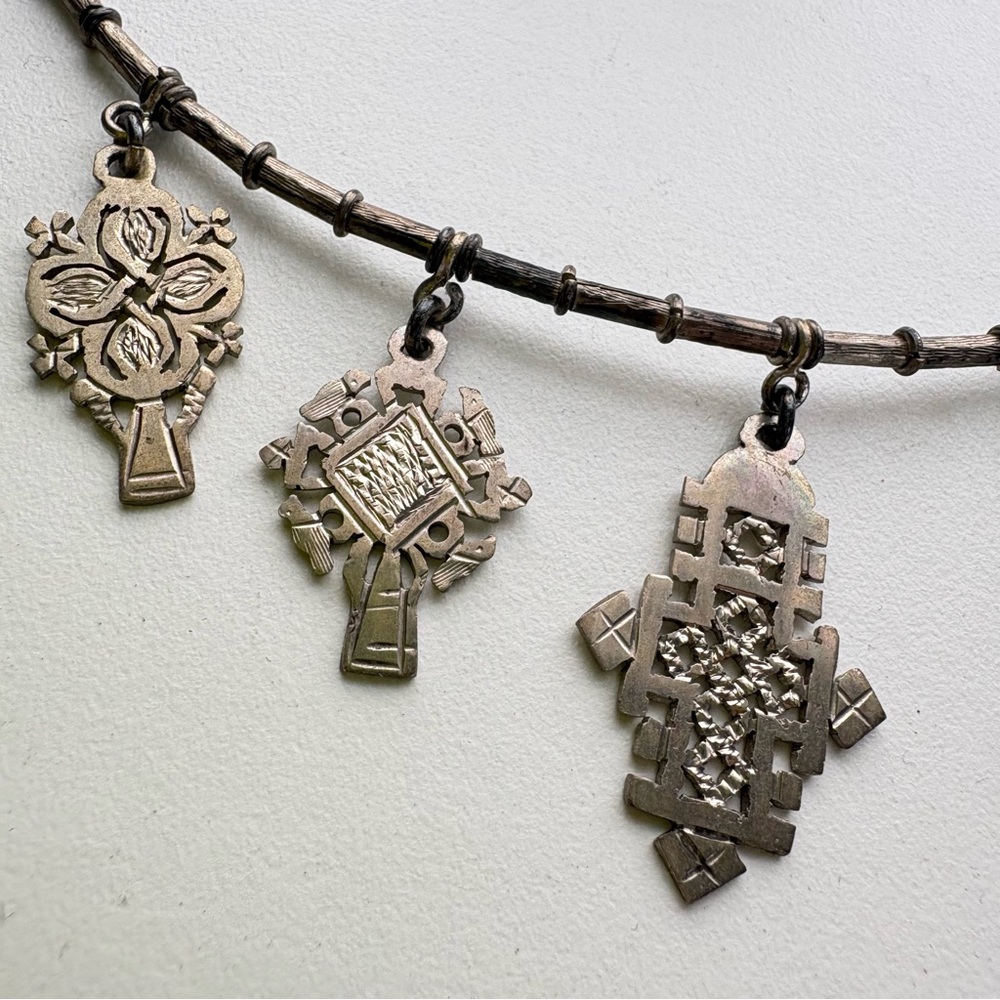 Vintage Sterling silver Hand wrought Multi Cross Charm Choker collar necklace - Picture 9 of 16
